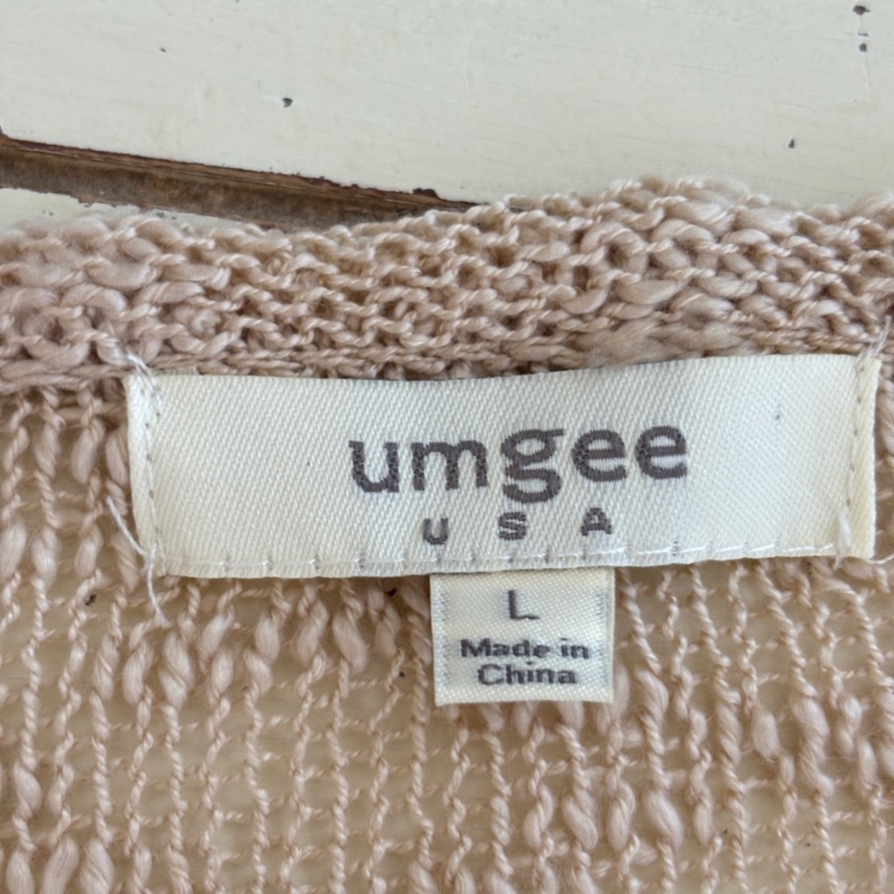 UMGEE Oversized Open Knit Lace Ruffle Sweater Women’s Large Beige Tunic Top - Picture 4 of 10